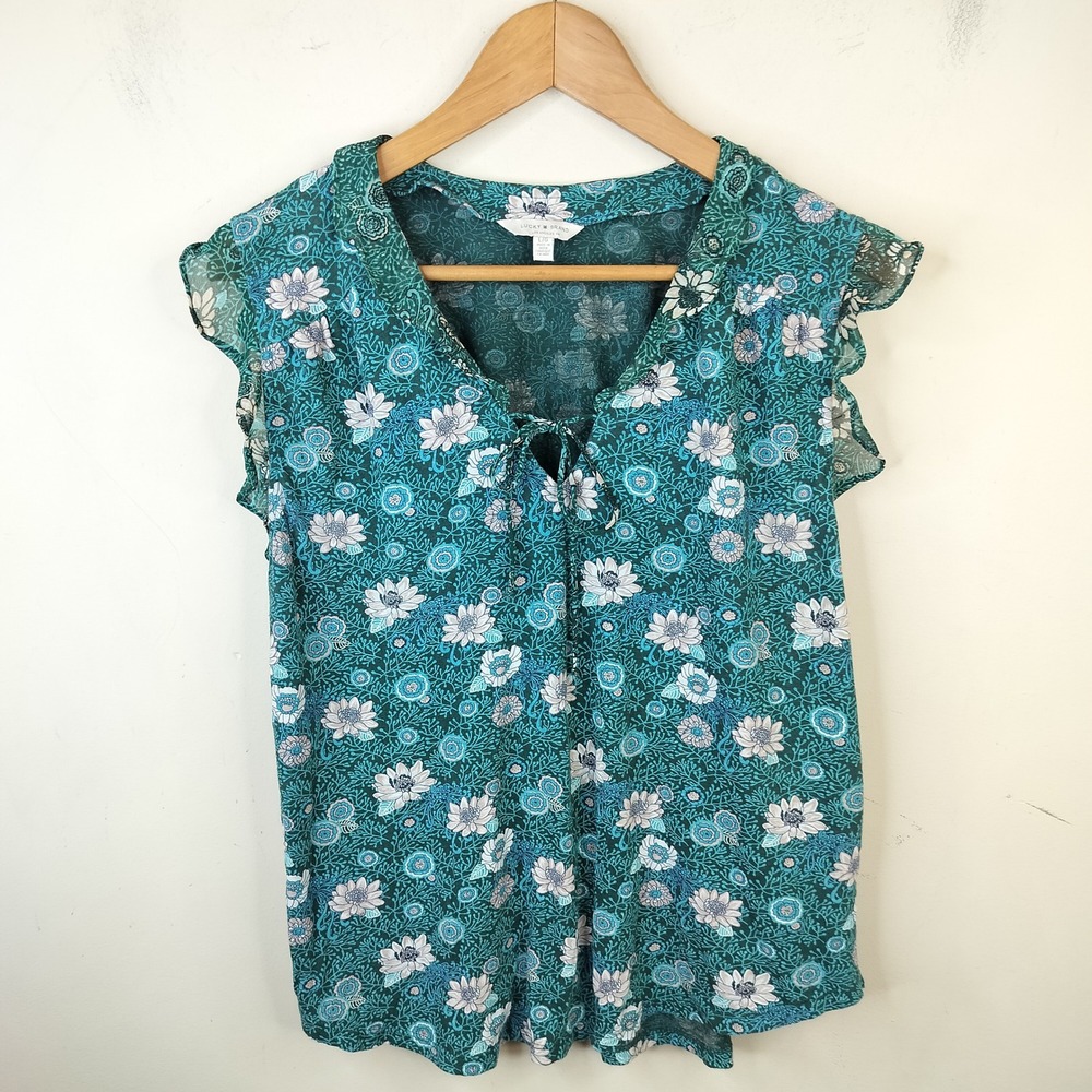 Lucky Brand Floral Top Womens Large Ruffle Sleeve Boho Teal Green